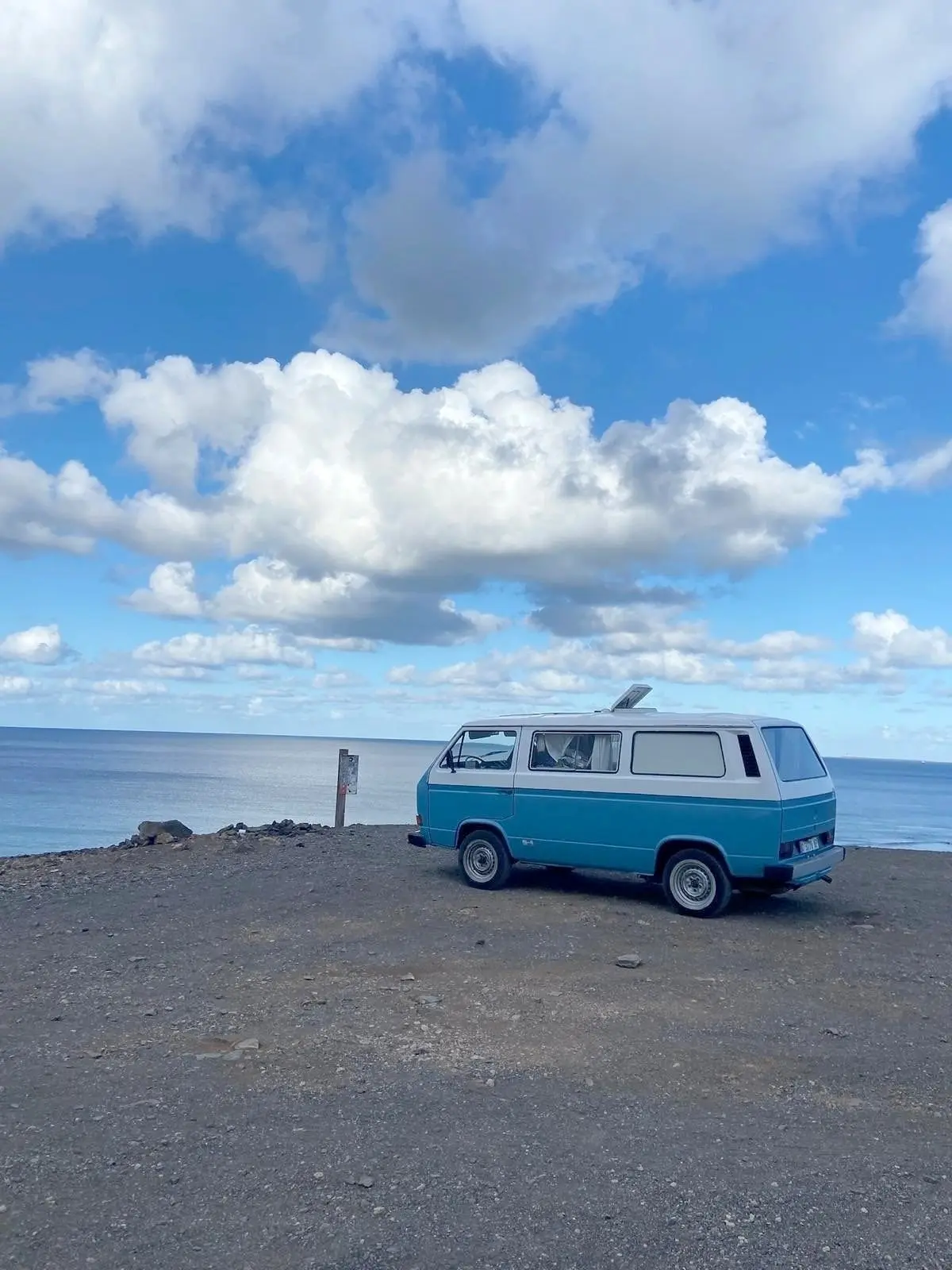 Blue VW T3 “Skye” by the sea, perfect for slow travel in Fuerteventura